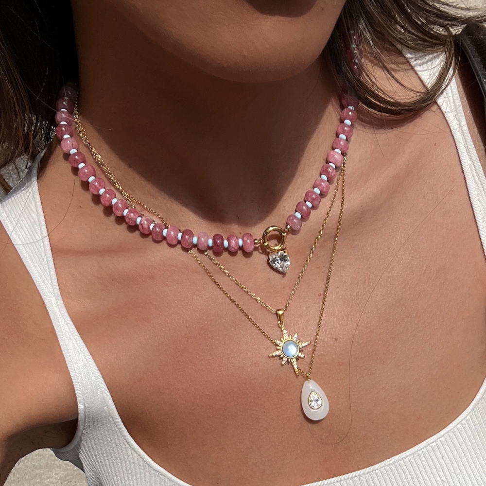 Hot Seller Stainless Steel Water Drop Heart CZ Pendant Natural Stones Crystal Beaded Necklace