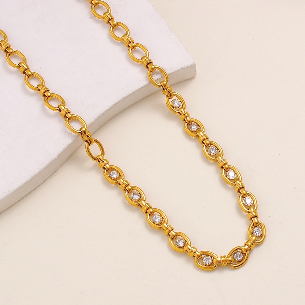 New Stainless Steel PVD Gold Plated CZ Link Chain Necklace