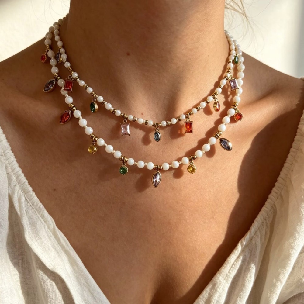 New Beads Jewelry Stainless Steel Natural Stone Beaded Colorful Zircon Charms Necklace