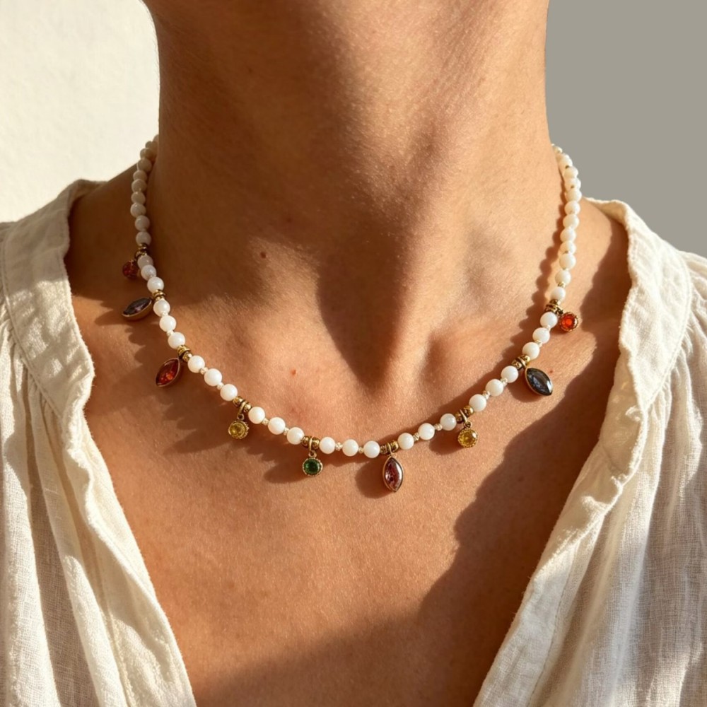 New Beads Jewelry Stainless Steel Natural Stone Beaded Colorful Zircon Charms Necklace
