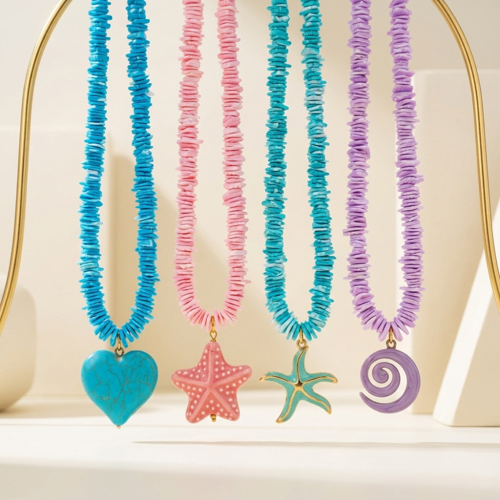Hot Seller Beads Jewelry Stainless Steel Coloful Shell Beaded Heart Starfish Pendant Necklace
