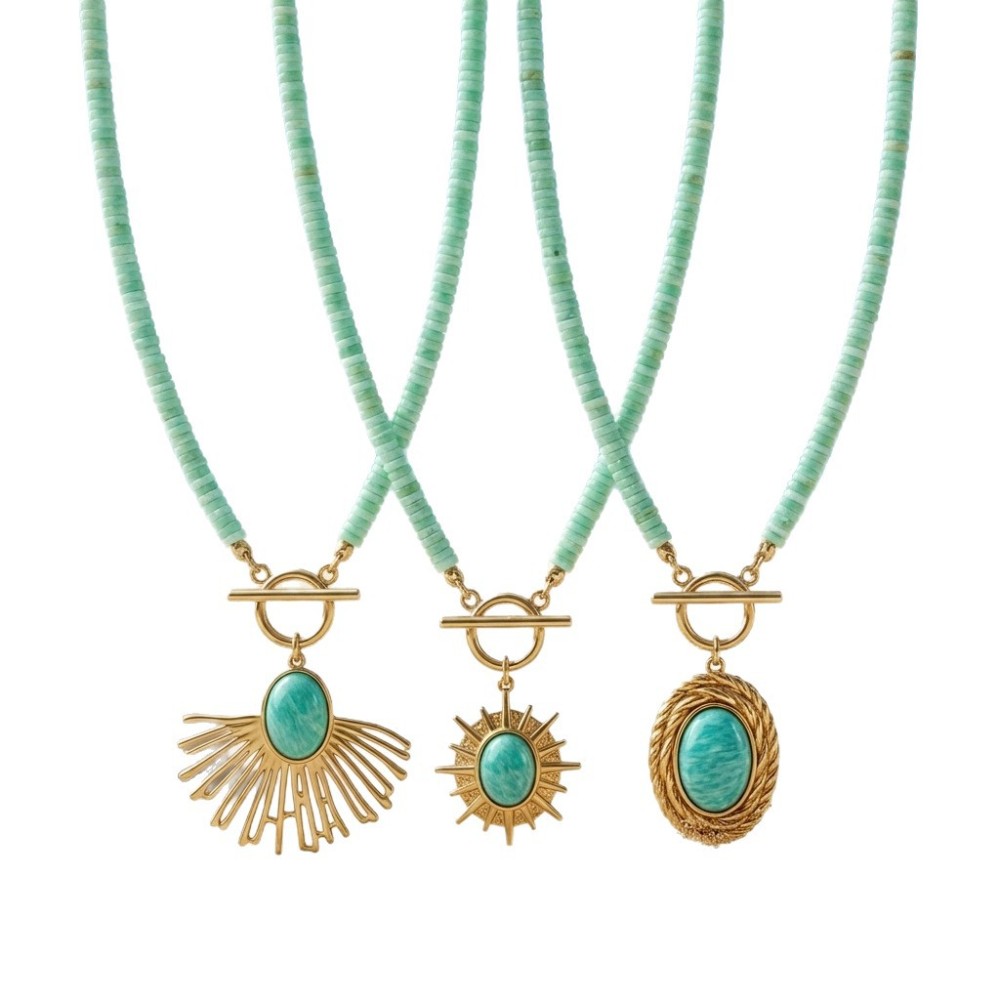 Hot Seller Beads Jewelry Stainless Steel OT Clasp Natural Shell Beaded Amazonite Pendant Necklace