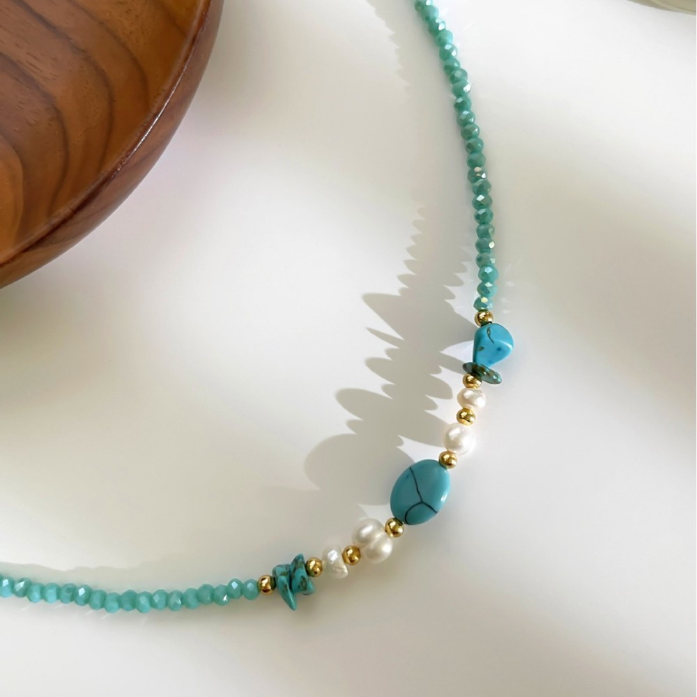 Hot Beads Jewelry Stainless Steel Natural Freshwater Pearls Turquoise Beaded Necklace