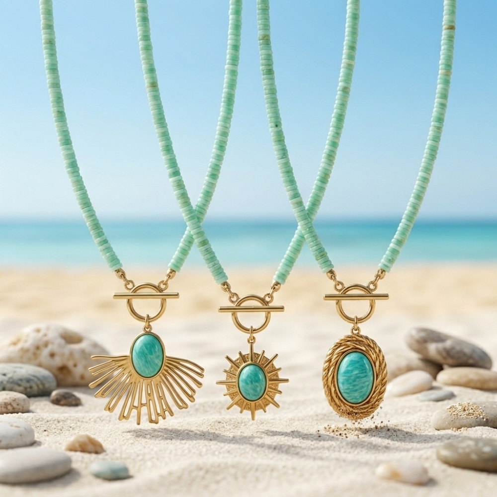 Hot Seller Beads Jewelry Stainless Steel OT Clasp Natural Shell Beaded Amazonite Pendant Necklace