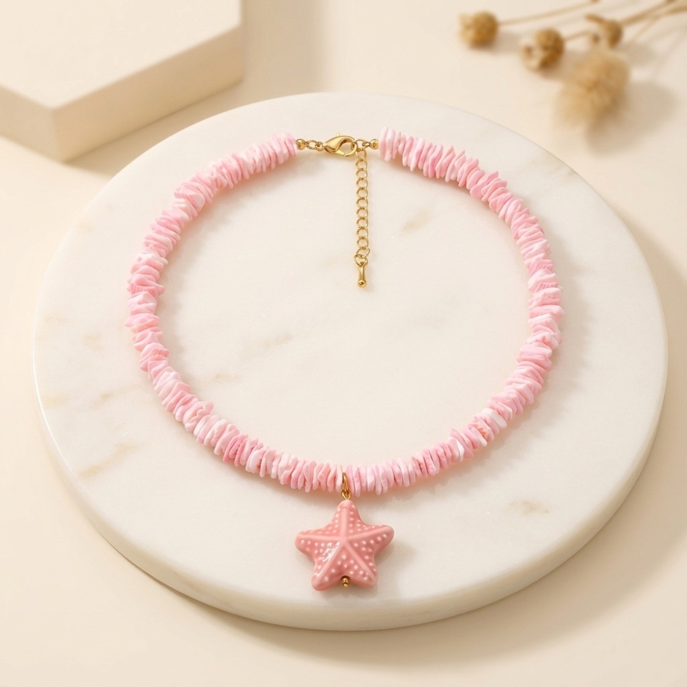 Hot Seller Beads Jewelry Stainless Steel Coloful Shell Beaded Heart Starfish Pendant Necklace