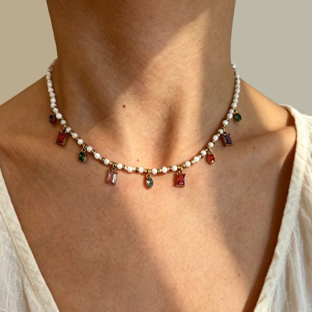 New Beads Jewelry Stainless Steel Natural Stone Beaded Colorful Zircon Charms Necklace