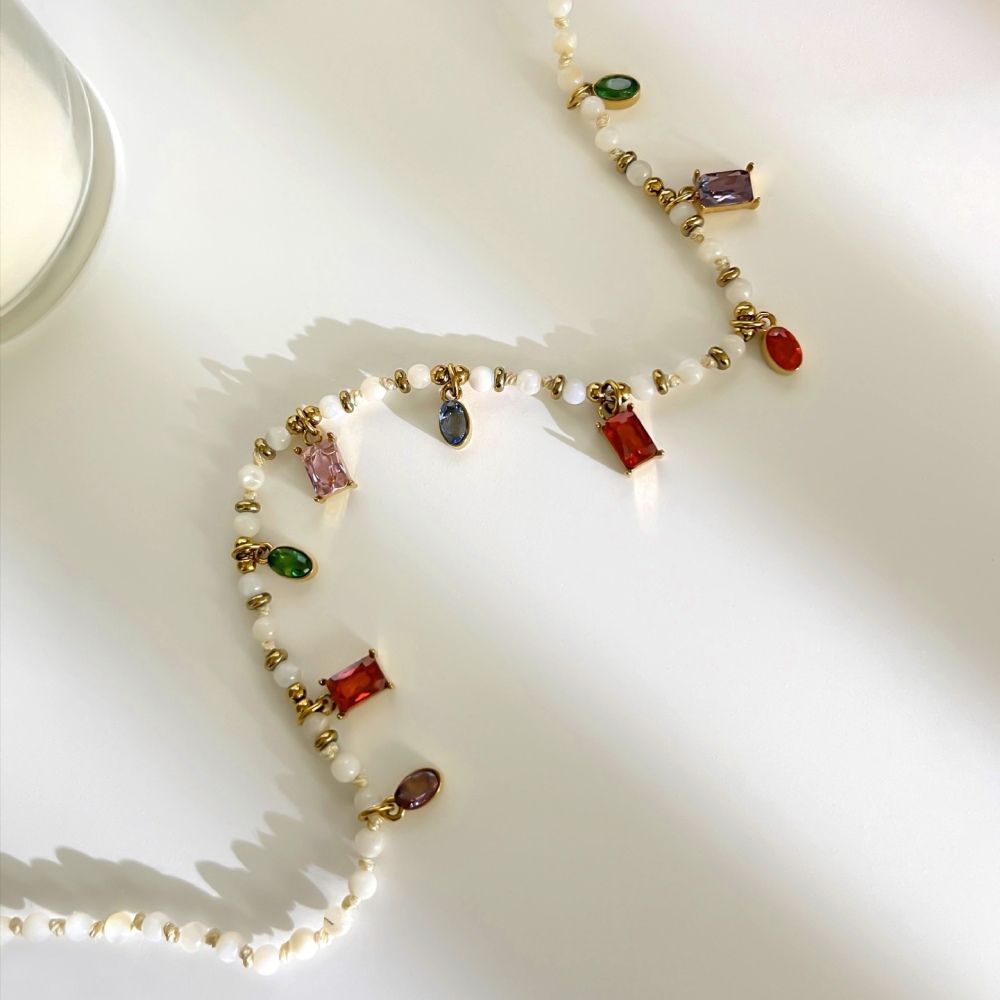 New Beads Jewelry Stainless Steel Natural Stone Beaded Colorful Zircon Charms Necklace