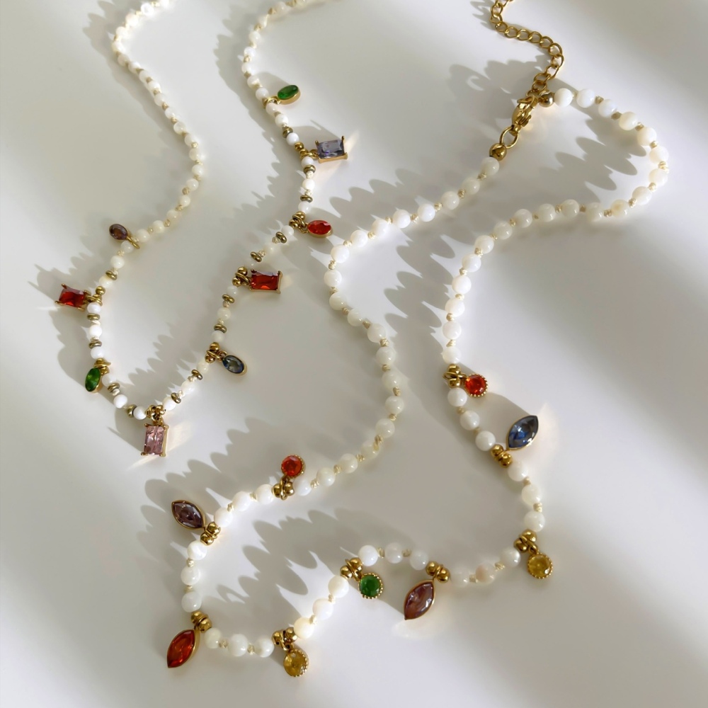 New Beads Jewelry Stainless Steel Natural Stone Beaded Colorful Zircon Charms Necklace