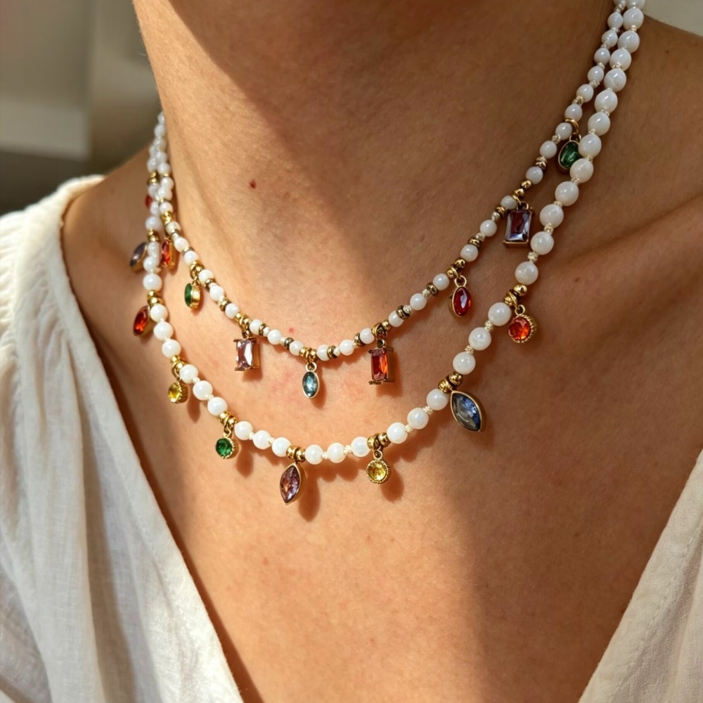 New Beads Jewelry Stainless Steel Natural Stone Beaded Colorful Zircon Charms Necklace