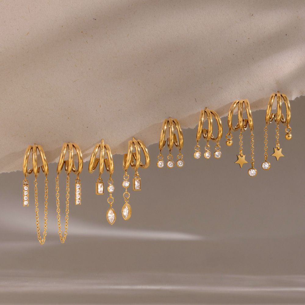 Wholesale Tarnish Free Stainless Steel Three Layers Hollow C-shaped Zircon Earrings