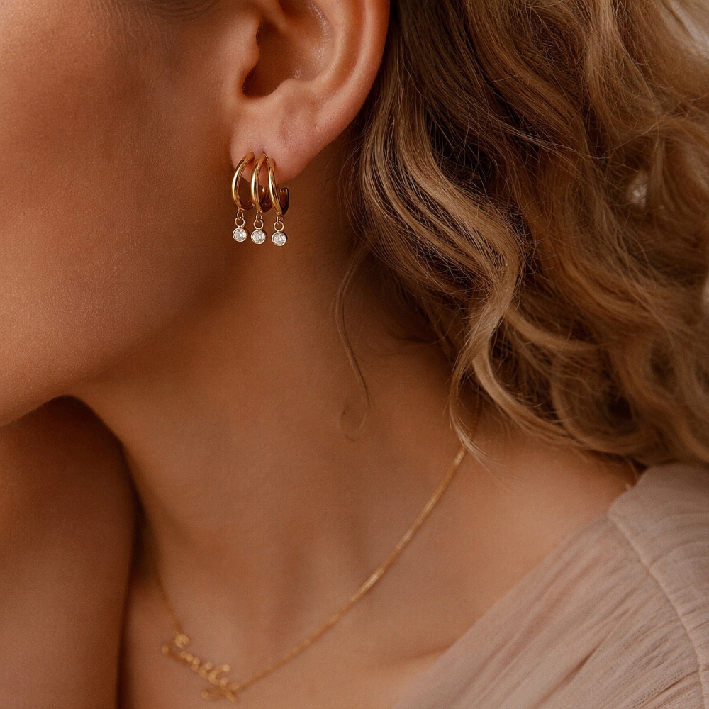 Wholesale Tarnish Free Stainless Steel Three Layers Hollow C-shaped Zircon Earrings