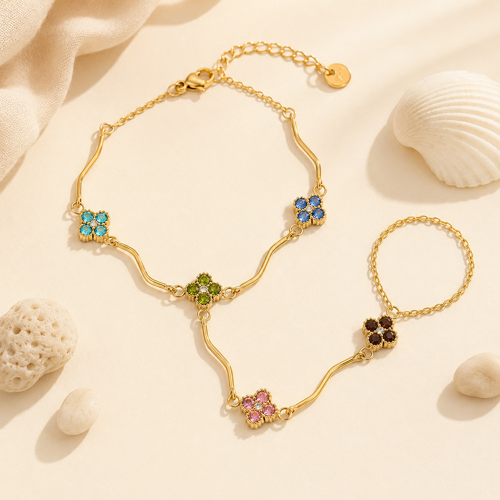Wholesale Waterproof Stainless Steel Hand Chain Colorful Zircon Clover Finger Bracelet