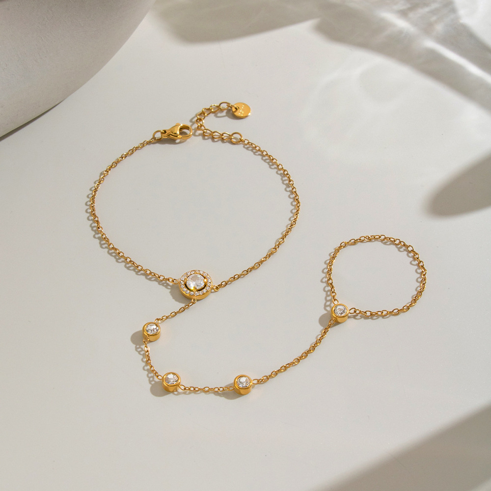 New Arrival Waterproof Stainless Steel 18K Gold Plated Hand Chain CZ Finger Bracelet