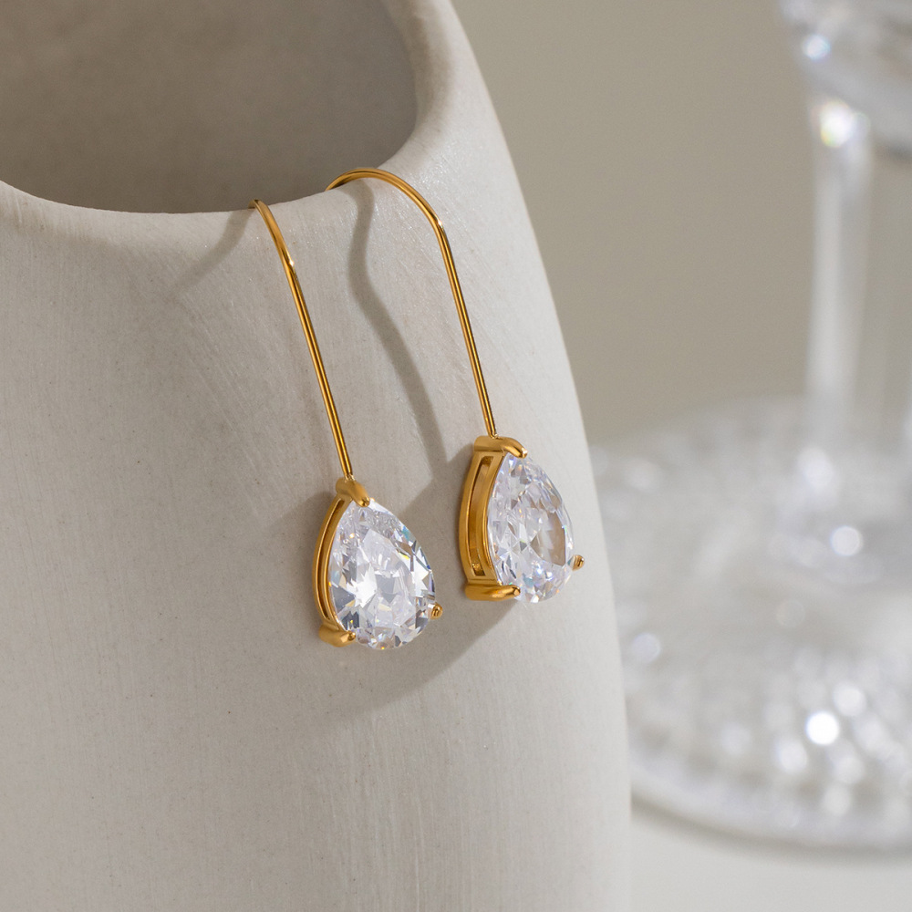 Wholesale Waterproof Stainless Steel Water Drop Shaped CZ Drop Earrings