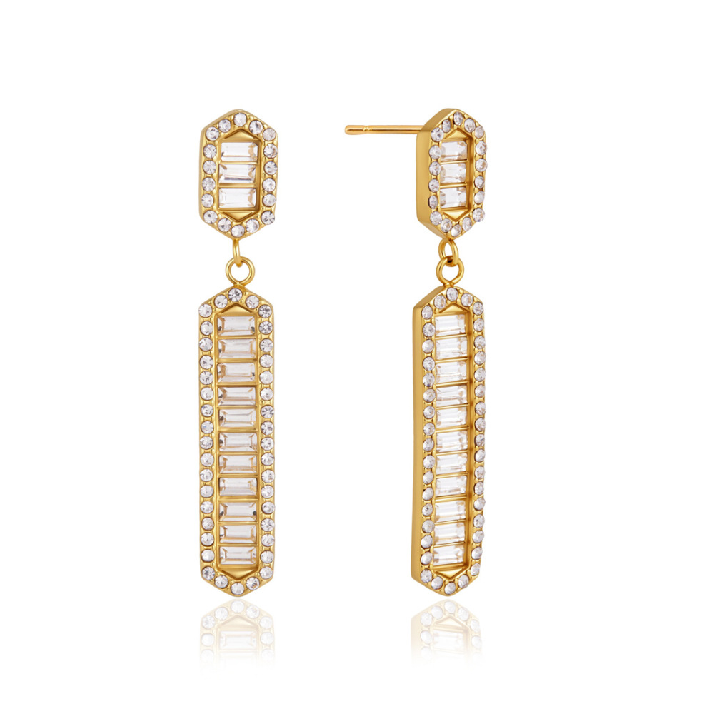 Wholesale Tarnish Free Stainless Steel Rectangle Shaped CZ Dangle Earrings