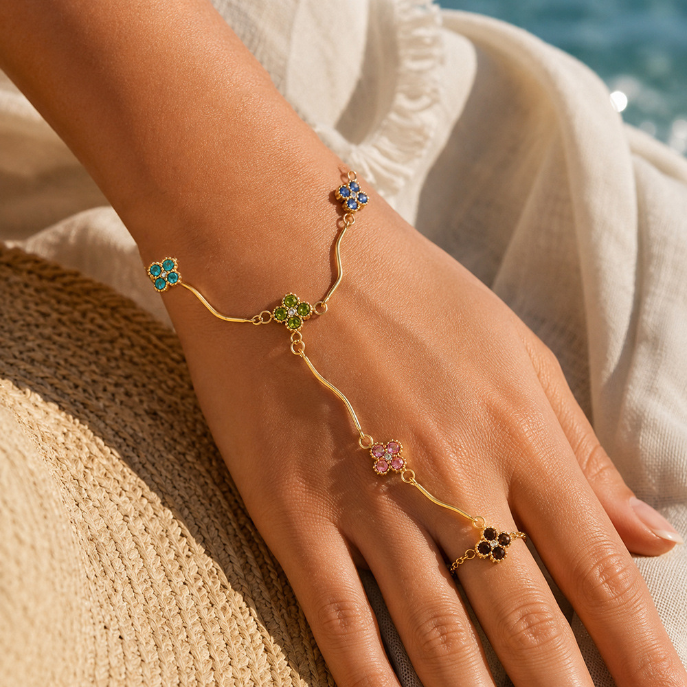 Wholesale Waterproof Stainless Steel Hand Chain Colorful Zircon Clover Finger Bracelet