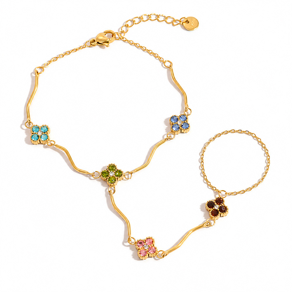 Wholesale Waterproof Stainless Steel Hand Chain Colorful Zircon Clover Finger Bracelet