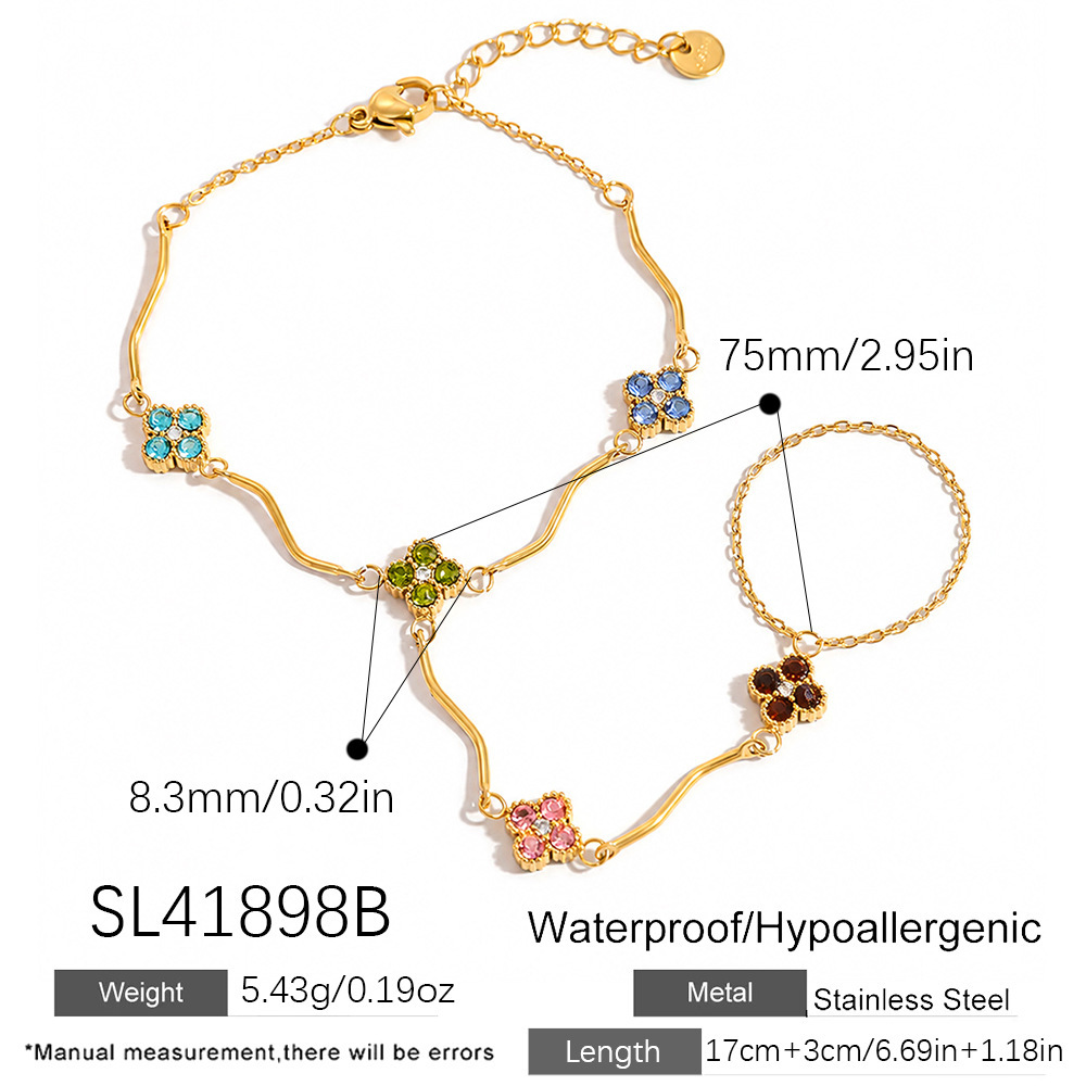 Wholesale Waterproof Stainless Steel Hand Chain Colorful Zircon Clover Finger Bracelet