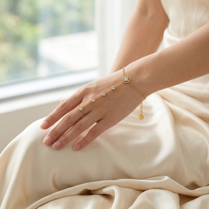 New Arrival Waterproof Stainless Steel 18K Gold Plated Hand Chain CZ Finger Bracelet