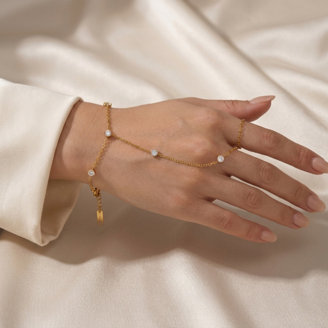 Hot Seller Waterproof Stainless Steel Hand Chain CZ Finger Bracelet Wholesale
