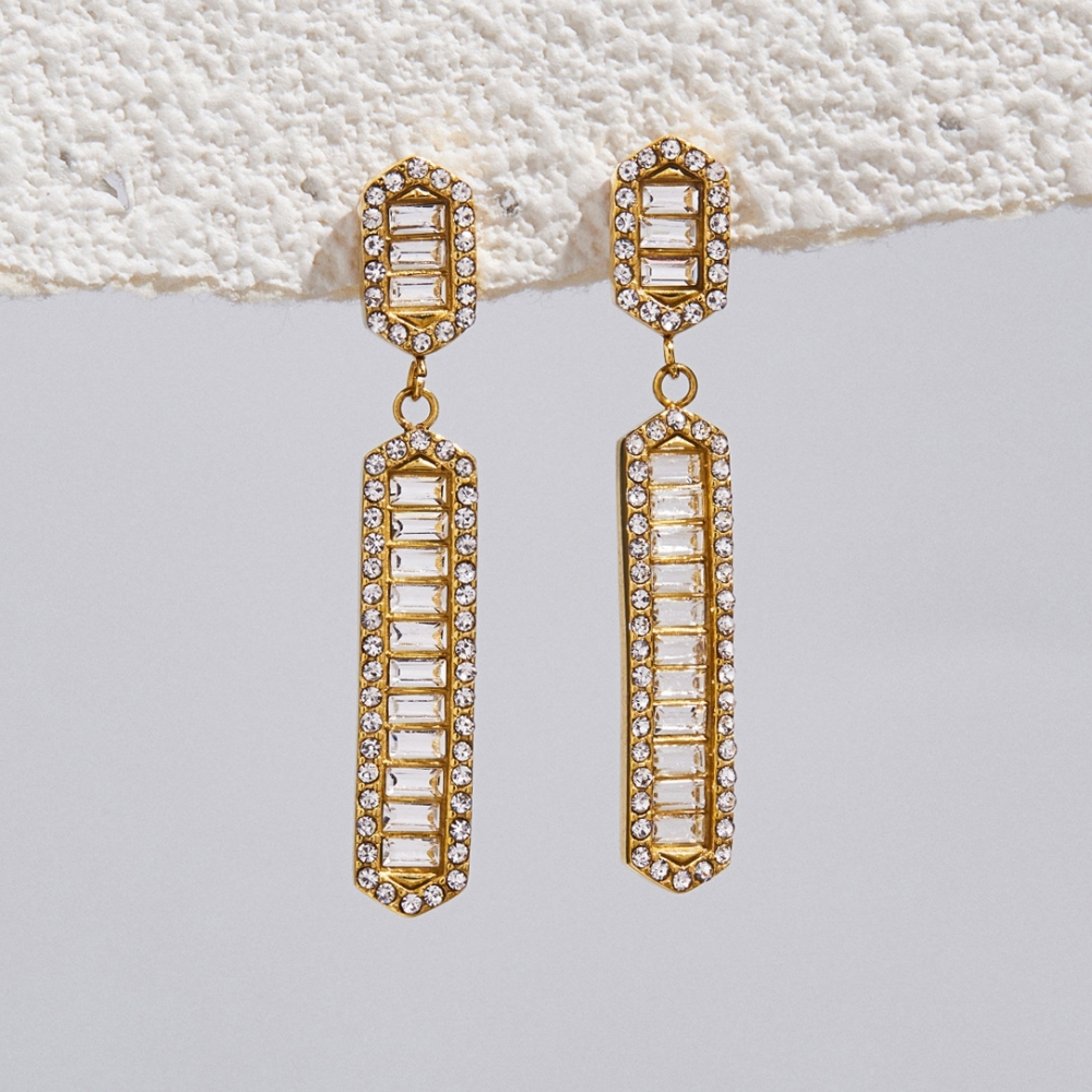 Wholesale Tarnish Free Stainless Steel Rectangle Shaped CZ Dangle Earrings