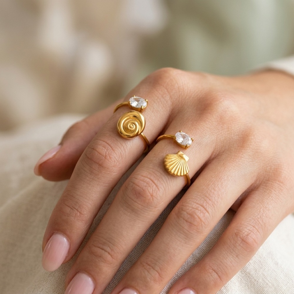 Fashion Jewelry Wholesale Ocean Series Stainless Steel Waterproof CZ Conch Shell Open Ring