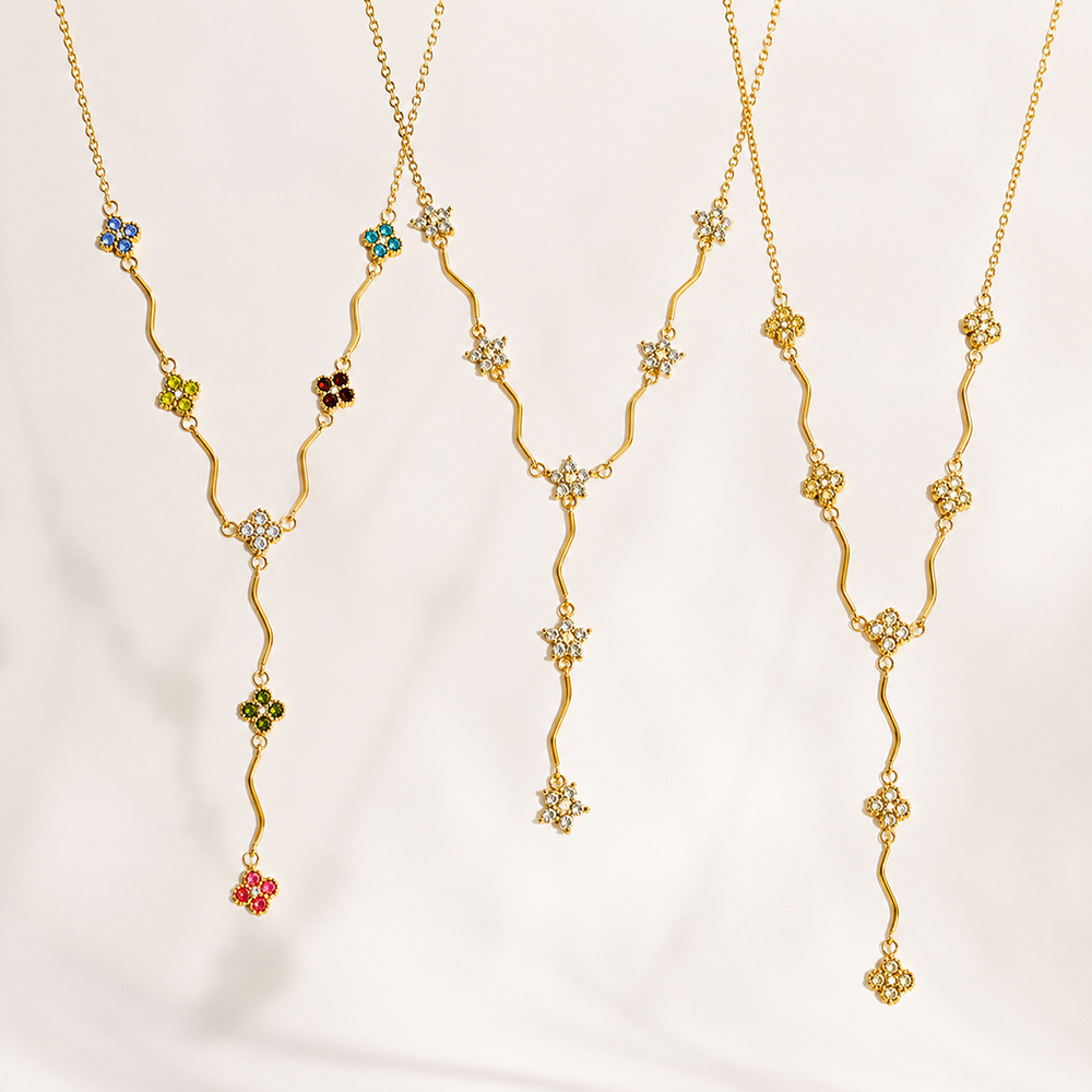 Fashion Jewelry Wholesale Stainless Steel CZ Clover Y-shaped Long Necklace