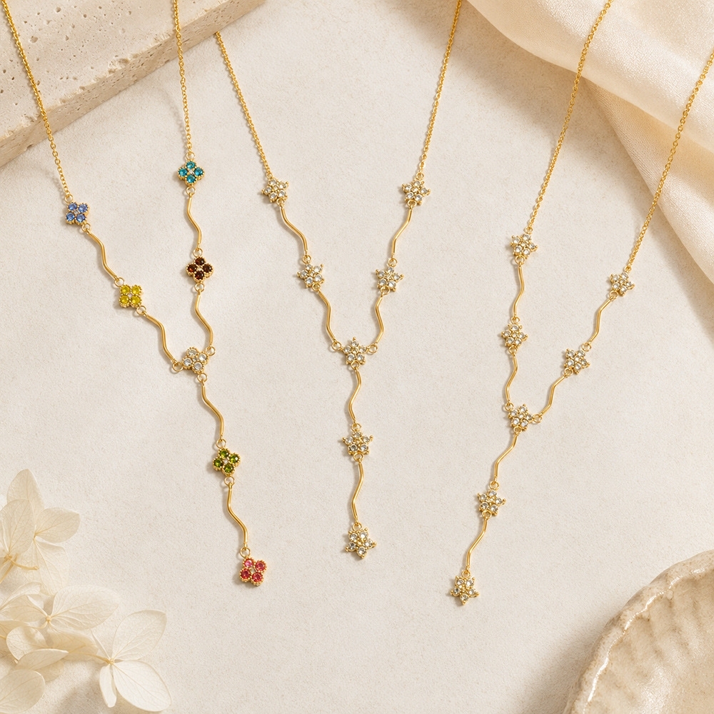 Fashion Jewelry Wholesale Stainless Steel CZ Clover Y-shaped Long Necklace