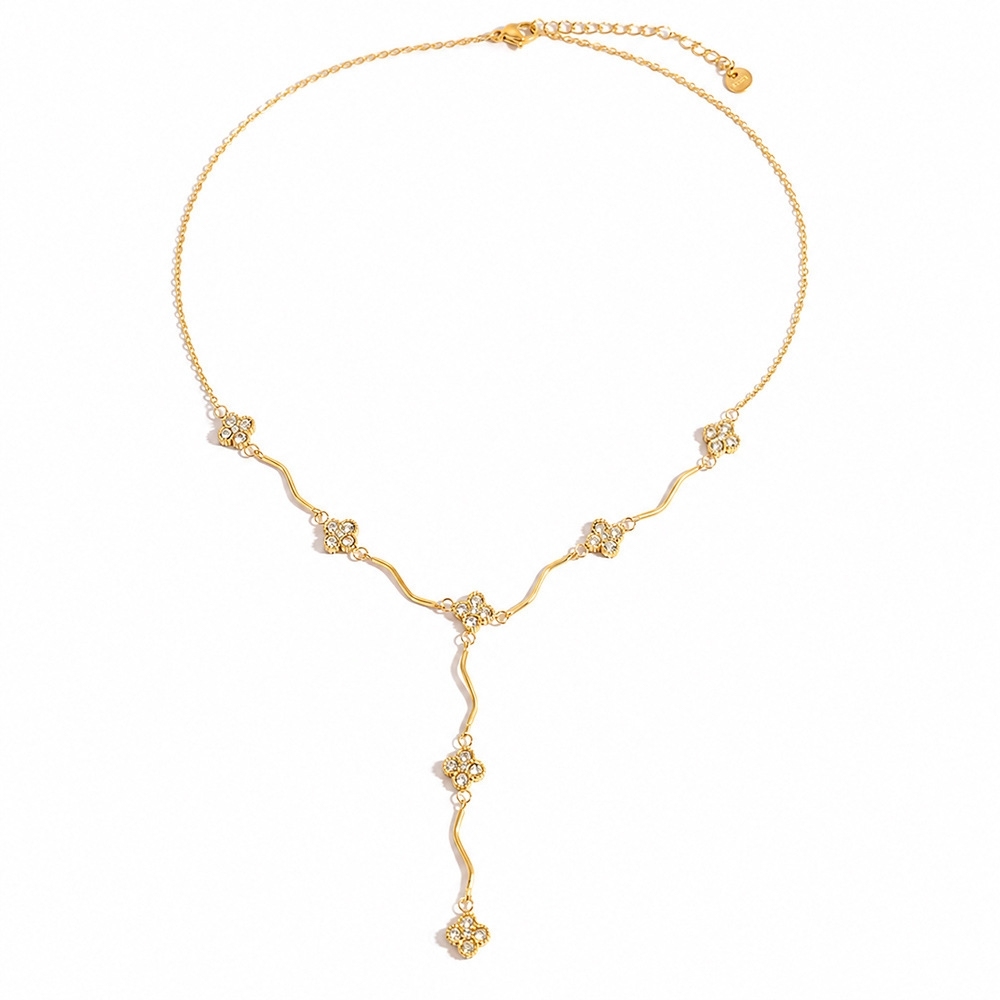 Fashion Jewelry Wholesale Stainless Steel CZ Clover Y-shaped Long Necklace