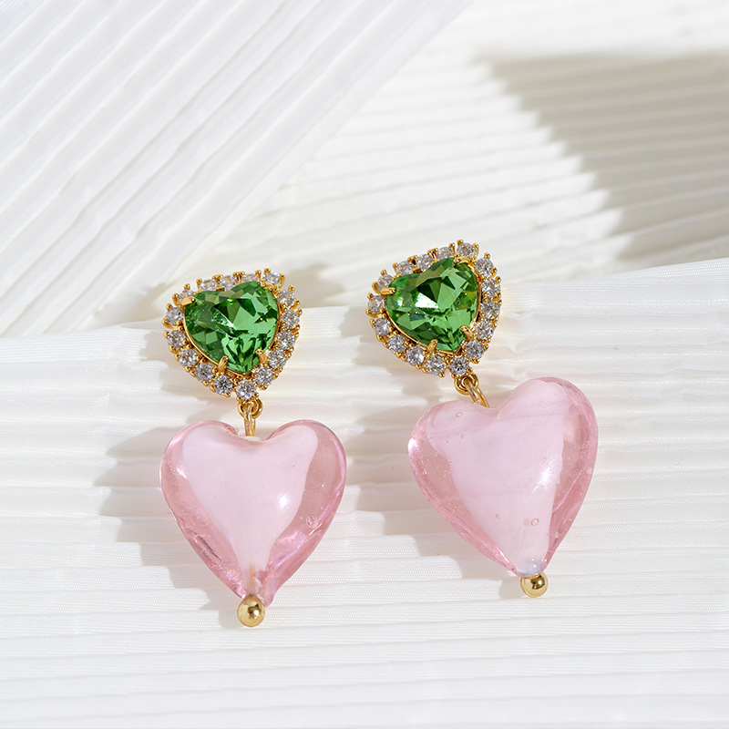 IVIAPRO New Arrival Trendy Earrings 18K Gold Plated Brass Pink Blue Heart Diamond Gemstone Drop Earrings for Women