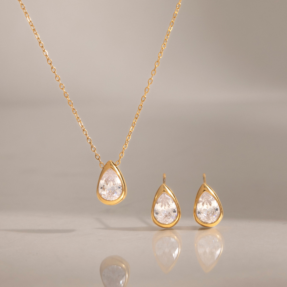 New Minimalist Jewelry Set Stainless Steel Geometric Water Drop CZ Necklace Stud Earrings Set