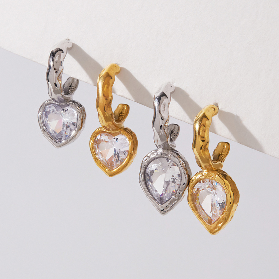 Jewelry Wholesale Waterproof Stainless Steel Hammer Texture Heart Water Drop C-shaped Hoop Earrings