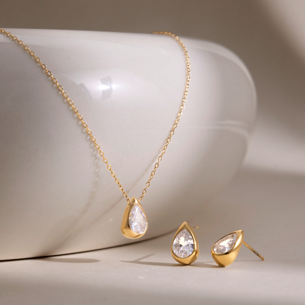 New Minimalist Jewelry Set Stainless Steel Geometric Water Drop CZ Necklace Stud Earrings Set
