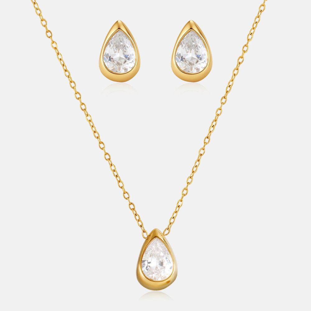 New Minimalist Jewelry Set Stainless Steel Geometric Water Drop CZ Necklace Stud Earrings Set