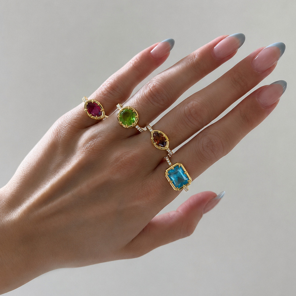 Fashion Jewelry Wholesale Stainless Steel Geometric Colorful Zircon Rings
