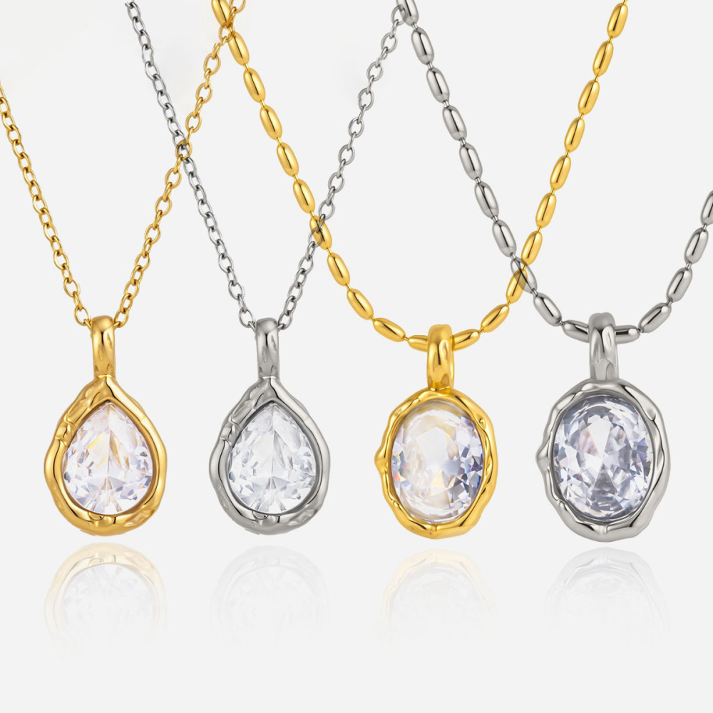 Jewelry Wholesale Waterproof Stainless Steel Hammer Texture CZ Water Drop Pendant Necklace