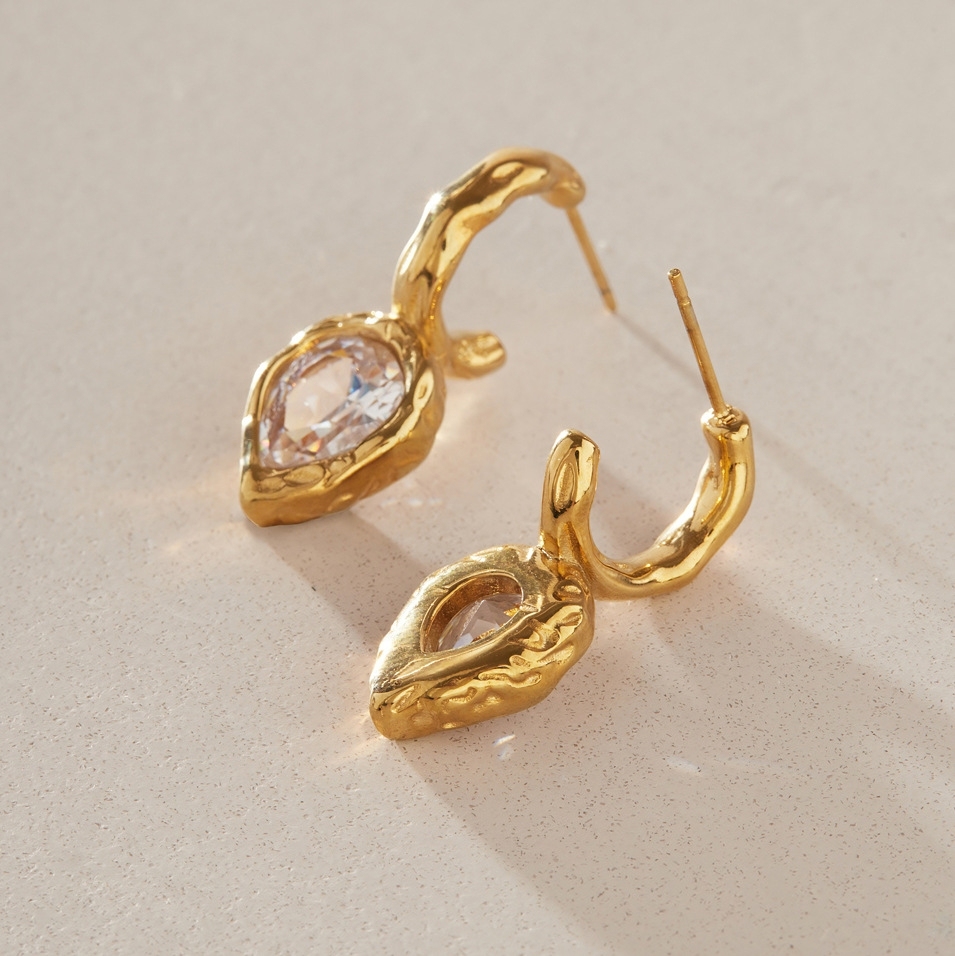 Jewelry Wholesale Waterproof Stainless Steel Hammer Texture Heart Water Drop C-shaped Hoop Earrings