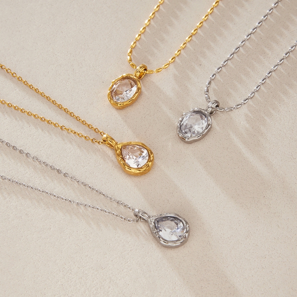 Jewelry Wholesale Waterproof Stainless Steel Hammer Texture CZ Water Drop Pendant Necklace