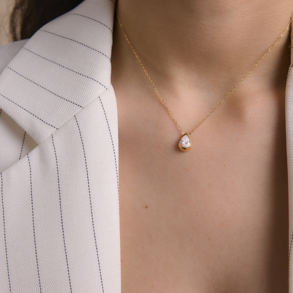 New Minimalist Jewelry Set Stainless Steel Geometric Water Drop CZ Necklace Stud Earrings Set