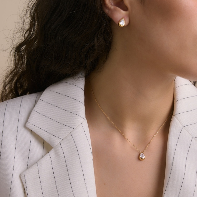 New Minimalist Jewelry Set Stainless Steel Geometric Water Drop CZ Necklace Stud Earrings Set