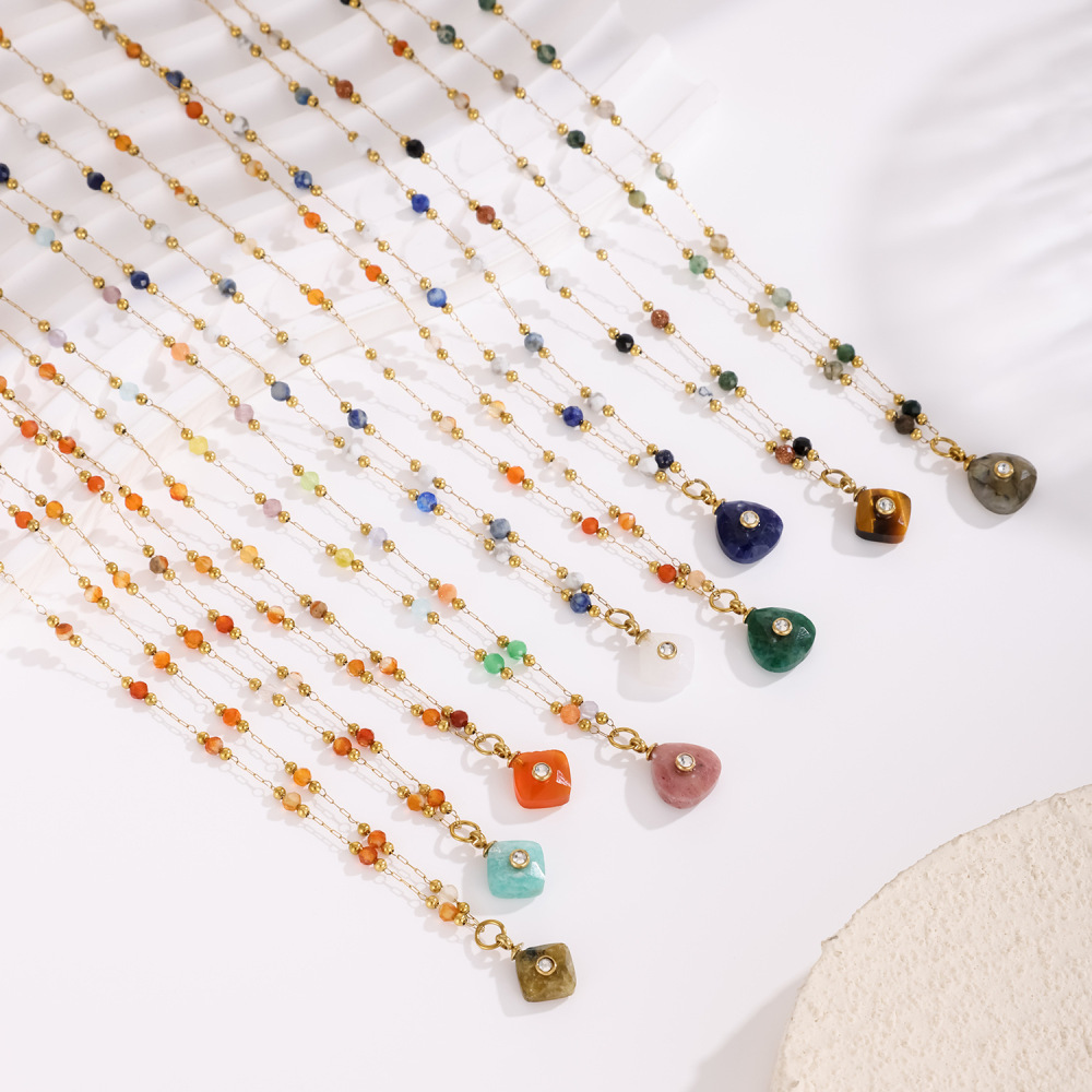 Jewelry Wholesale Waterproof Stainless Steel Colorful Triangle Square Shaped Natural Stone Pendant Necklace