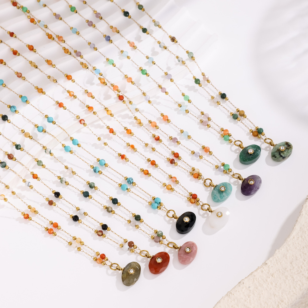 Jewelry Wholesale Waterproof Stainless Steel Colorful Natural Oval Shaped Stone Pendant Necklace