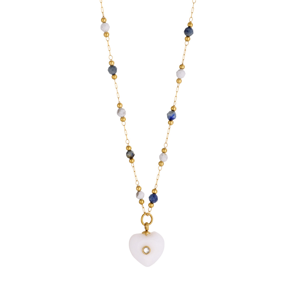 Jewelry Wholesale Waterproof Stainless Steel Colorful Natural Heart Stone Pendant Necklace