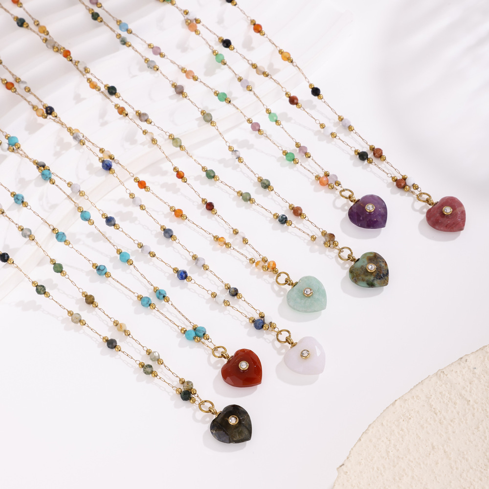 Jewelry Wholesale Waterproof Stainless Steel Colorful Natural Heart Stone Pendant Necklace