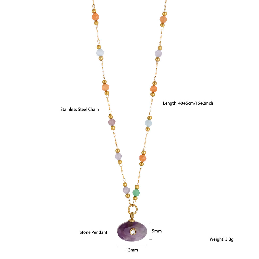 Jewelry Wholesale Waterproof Stainless Steel Colorful Natural Oval Shaped Stone Pendant Necklace