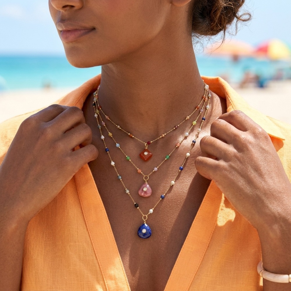 Jewelry Wholesale Waterproof Stainless Steel Colorful Triangle Square Shaped Natural Stone Pendant Necklace
