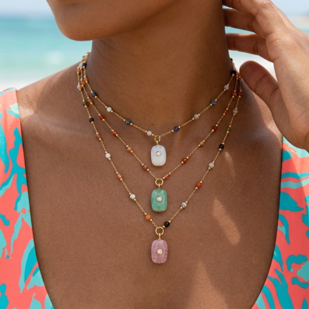 Jewelry Wholesale Waterproof Stainless Steel Colorful Rectangle Shaped Natural Stone Pendant Necklace