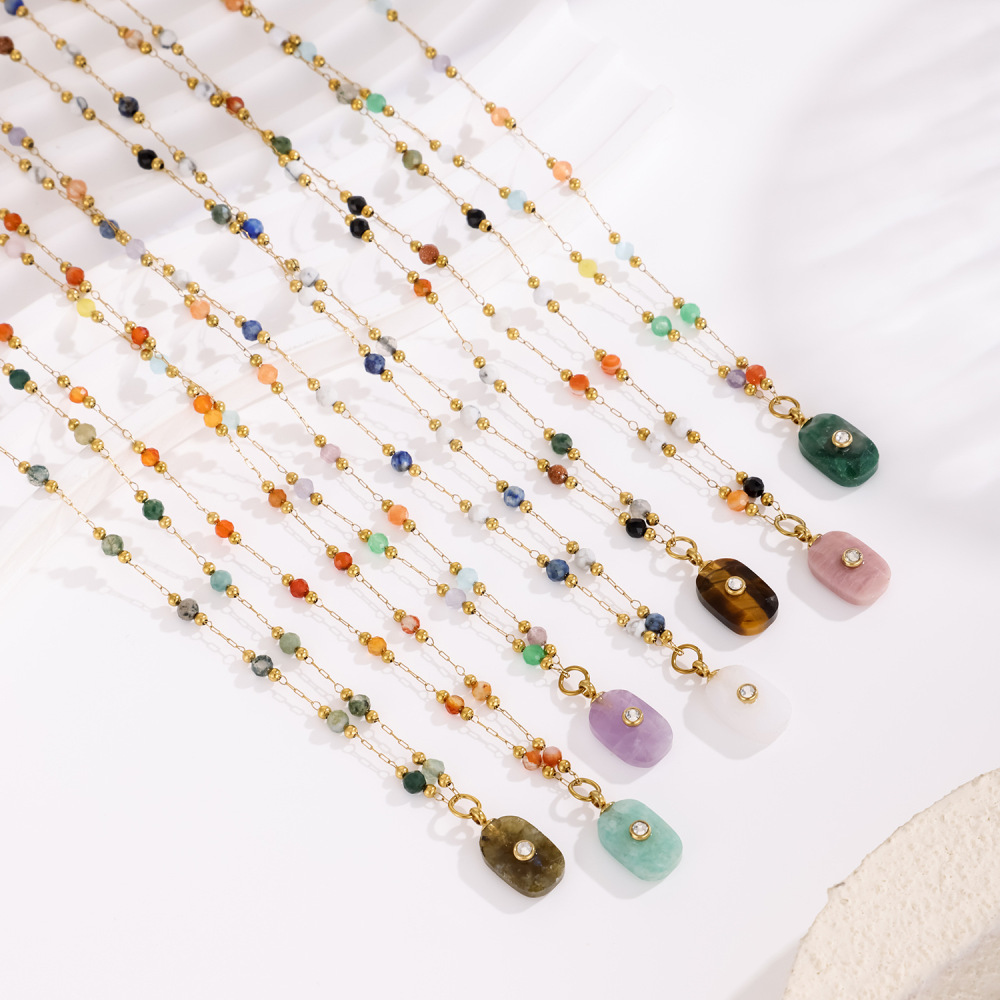 Jewelry Wholesale Waterproof Stainless Steel Colorful Rectangle Shaped Natural Stone Pendant Necklace