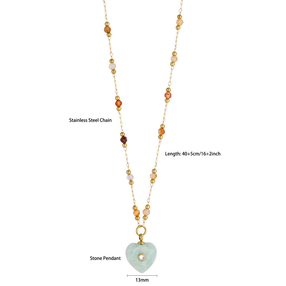 Jewelry Wholesale Waterproof Stainless Steel Colorful Natural Heart Stone Pendant Necklace