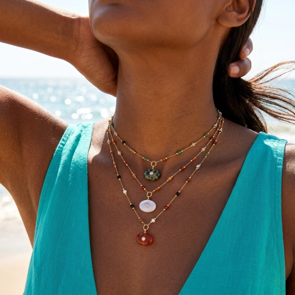 Jewelry Wholesale Waterproof Stainless Steel Colorful Natural Oval Shaped Stone Pendant Necklace